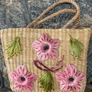 Floral Straw Tote Bag with Pink Accents